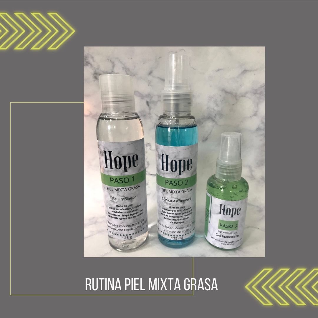 Los tres frascos de la rutina para piel mixta grasa Hope: gel limpiador, tónico astringente y gel humectante